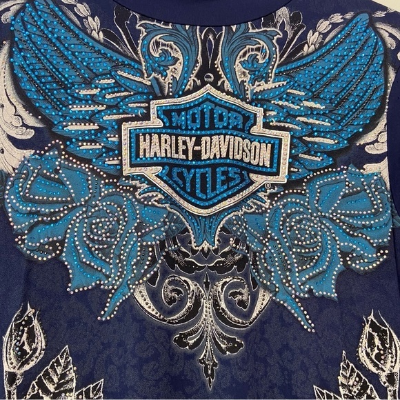 HARLEY-DAVIDSON top sequin lightweight open back long sleeves blue bikercore - Picture 2 of 14